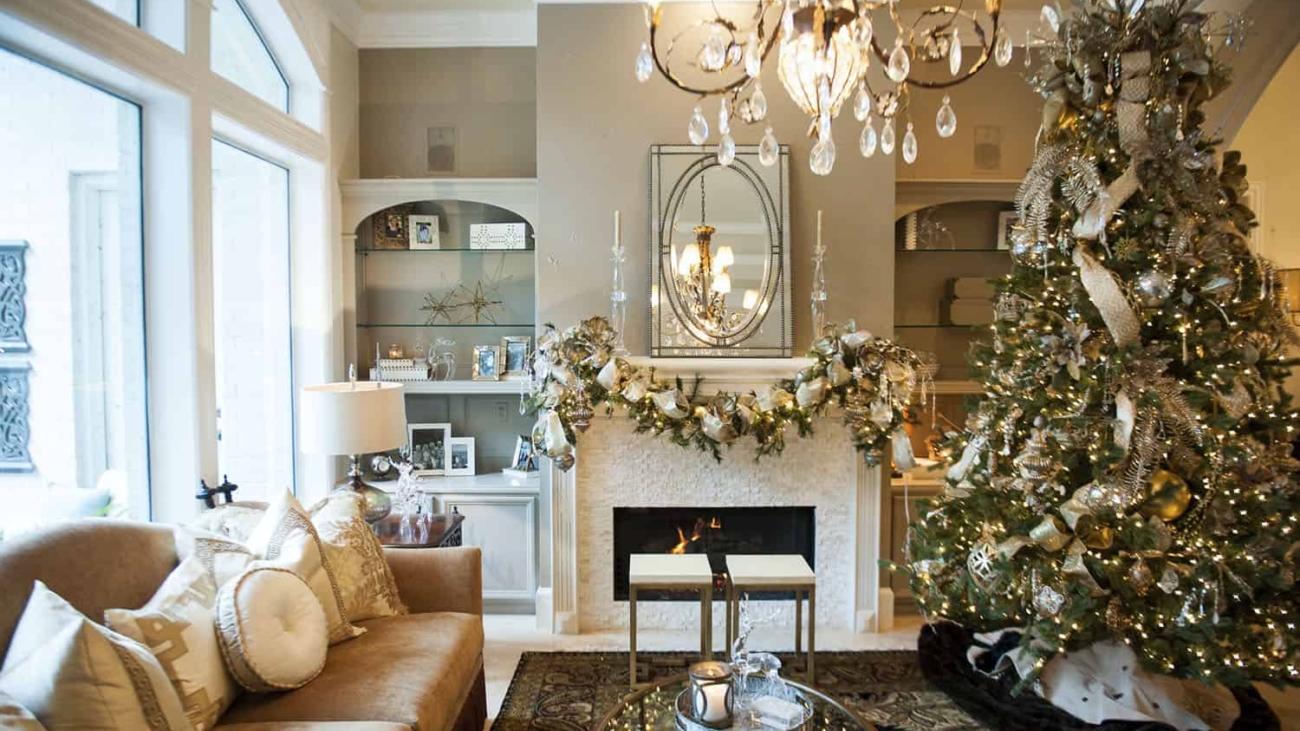 beautifully decorated San Francisco living room during the holidays, clean and bright, with festive lights and a view of the city skyline through the window.