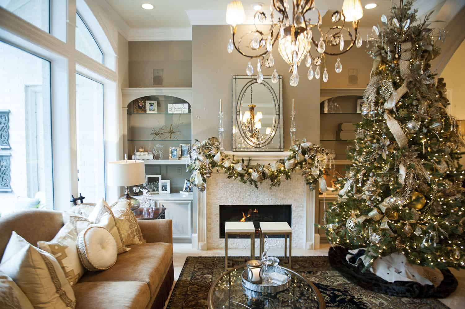 beautifully decorated San Francisco living room during the holidays, clean and bright, with festive lights and a view of the city skyline through the window.